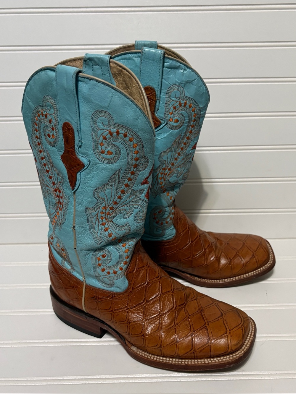 FERRINI Turquoise Blue Leather Square Toe Cowboy Western Boots Womens Size 6.5 B